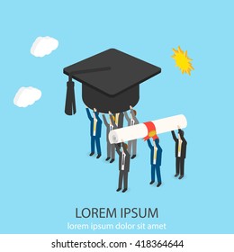 Little people carry graduation hat and diploma, vector illustration. Isometric 3d education concept