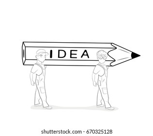 Little people are carrying a pencil idea. Hand drawn cartoon vector illustration for design and infographic.
