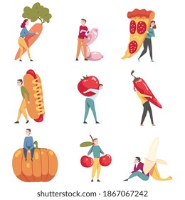 Little People Characters Holding and Carrying Foodstuff Like Hot Dog and Carrot Vector Illustration Set