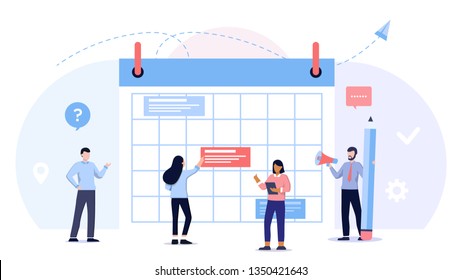 little people characters make an online schedule on the calendar. design business graphics tasks scheduling on a week. concept for business planning, events and news, reminder.