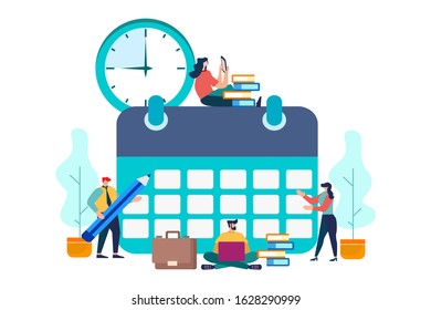 Little people characters make an online schedule in the tablet. design business graphics tasks scheduling on a month, vector flat design style