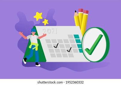 Little people characters planning and success concept. Entrepreneurship and calendar schedule planning with filling course campaign. Vector illustrations business events organizing process