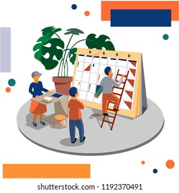 Little people fill the changeover desk calendar. Business and technology