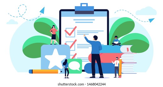 Little People Fill Out A Form, Modern Concept For Web Banners, Infographics, Websites. Concept Done Job, Checklist,  Paper Document And To Do List With Check Boxes, Online Education Exam, Survey, Test