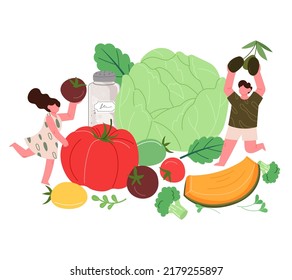 Little people are gathering vegetables in one place. Healthy and fresh vegetarian food ingredients concept vector illustration.