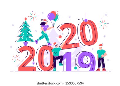 Little people get ready for the New Year, are engaged in decoration, the inscription New Year 2020 replaces 2019. Flat style vector illustration for web page, social media, documents, cards, posters.