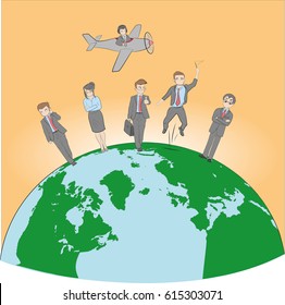 Little people go on the planet Earth. Represent success in business. teamwork. Business concept. vector illustration.
