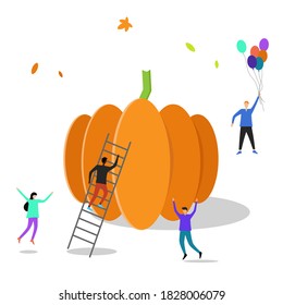 
Little people are happy about autumn. A huge pumpkin makes them happy. Autumn theme. Vector illustration.