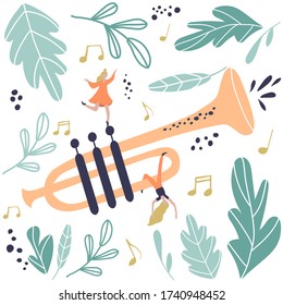 Little people have fun and play a musical instrument. Vector poster with trumpet for music, jazz festival. Ideal for music events, jazz concerts.