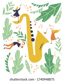 Kleine Leute haben Spaß und spielen ein Musikinstrument. Vector Poster mit Saxophon für Musik, Jazz Festival. Ideal für Musikveranstaltungen, Jazzkonzerte.