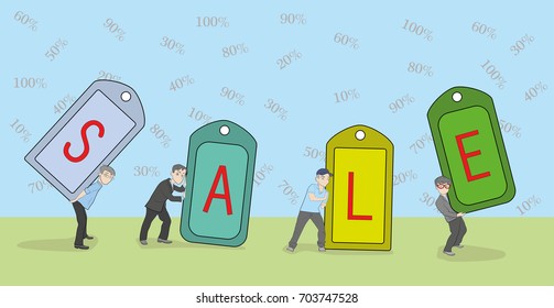 Little people keep tags sale. vector illustration.
