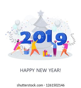 Little people line up large volumetric figures 2019. Vector illustration for congratulations, invitations on the eve of the celebration. Greeting card for Merry Christmas and Happy New Year.