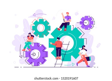 Little people links of mechanism. Business mechanism. Abstract background with gears. People are engaged in business promotion, strategy analysis, communicate concept. Business vector illustration