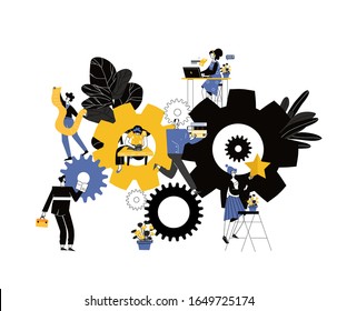  little people links of mechanism, business mechanism concept, abstract background with gears, people are engaged in business promotion, strategy. Flat vector

