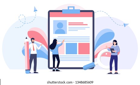 little people looking at resume, modern concept for web banners, infographics, websites, printed products. Web recruit resources, research or fill form for selection. select a resume process.