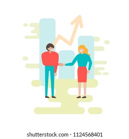Little people make a handshake. Cooperation. Completed transaction. Business promotion. Business communication. Flat conceptual design. Vector illustration.