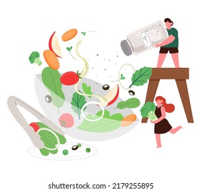 Little people are making salad. Healthy wellness diet food concept vector illustration.