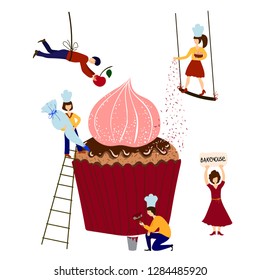 Little people - men and women - are cooking and decorating giant birthday cake, vector illustration, teamwork concept for bakehouse poster, banner, invitation