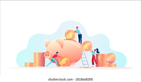 Little People Move Coins And Put Them In A Piggy Bank. Metaphor Of Investment, Capital Accumulation. Savings Protection Concept, Retirement Savings. Flat Vector Illustration