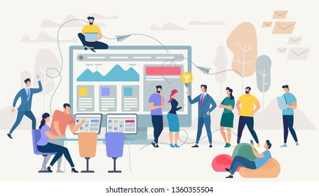 Little People Moving at Huge Monitor with Graphs and Charts. Freelance Group of Coworkers Work Together by Gadgets. Man Doing Presentation. Guy on Beanbag Chair. Cartoon Flat Vector Illustration Little People Moving at Huge Monitor with Graphs and Charts. Freelance Group of Coworkers Work Together by Gadgets. Man Doing Presentation. Guy on Beanbag Chair. Cartoon Flat Vector Illustration