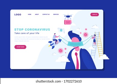 Little people and nurses fight Covid-19 coronavirus concept, disinfecting virus cells. Modern flat web landing page design template. Vector flat line  illustration. Stop coronavirus site