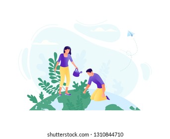 Little People Plant Trees Together On The Big Planet - Save The Planet, Happy Earth Day, Save Energy, Ecology, World Environment Day Concept. Flat Concept Vector Illustration For Web, Landing Page