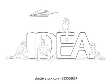 Little people are sitting on a big word idea. Vector illustration of creative teamwork.