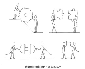 Little people sketch miniature scene teamwork. Hand drawn cartoon black and white vector illustration teamwork for business, finance design. 