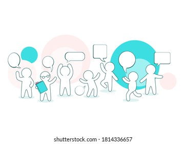 Little people with speech bubbles. White puppets communicate on a chat. Vector illustration EPS8. Social Network Communication concept. Communication systems, Information and management. 