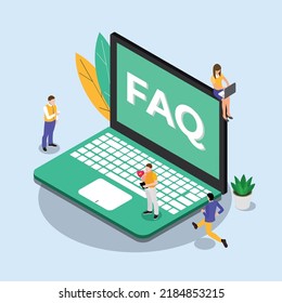 Little people standing and sitting near a laptop with the word FAQ