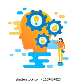 Little people start the mechanism. Process optimization. Command process. Business concept vector illustration.