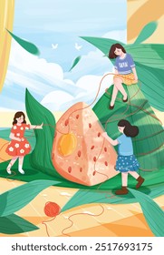 Pequenas pessoas cercadas por pôster do Festival do Barco Dragão Zongzi