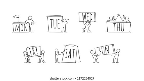 Little people with tags 7 days of week from Monday to Sunday. Cartoon set for planner design.