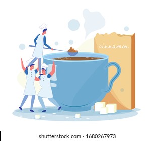 Little People in White Toques Bustling About in Kitchen. Cook Standing on Shoulders His Colleagues and Holding Tiny Spoon with Cinnamon to Add It into Fresh Brewed Coffee. Sugar Cubes and Blue Cup.