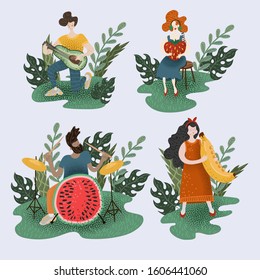 Little people who play musical instruments. Illustration with musicians and fruits.