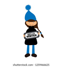 Little people in winter vector illustration on white background
