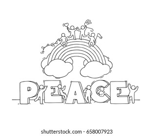 Little people with word Peace and rainbow. Hand drawn cartoon vector illustration for positive design.