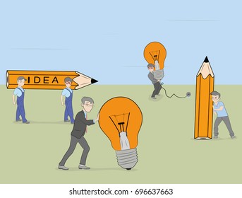 little people work with ideas in the form of lamps and yellow pencils. vector illustration.