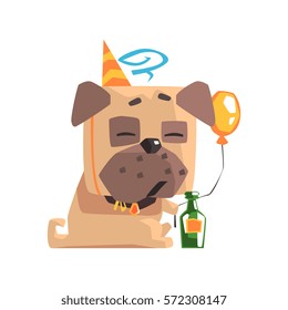 Little Pet Pug Dog Puppy With Collar Having A Birthday Party With Balloon And Champagne Bottle Emoji Cartoon Illustration