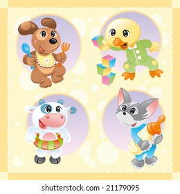 Little pets with background. Funny cartoon and vector characters