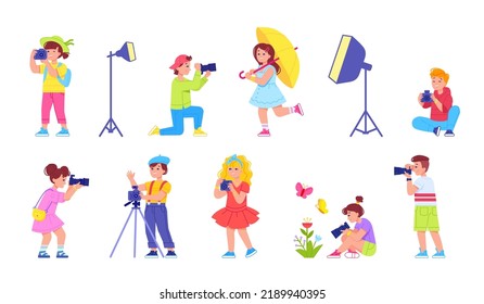 Little Photograph. Child photographing, kid photo studio digital school, explorer children photographer click camera capturing nature discover, isolated vector illustration of happy child take photo