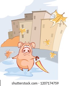 Little Pig Adventure.Autumn. Vector Illustration of a Cute Pig