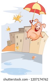Little Pig Adventure.Autumn. Vector Illustration of a Cute Pig