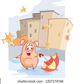 Little Pig Adventure.Autumn. Vector Illustration of a Cute Pig