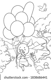 Сute little pig with balloons and a gift. Coloring book for children. Cartoon vector illustration.