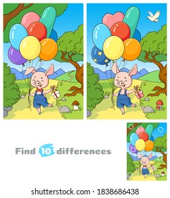  Сute little pig with balloons and a gift. Find 10 differences. Educational game for children. Cartoon vector illustration.