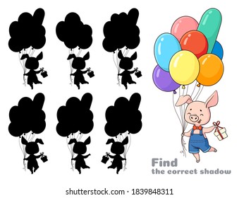  Сute little pig with balloons and a gift. Find the correct shadow. Educational game for children. Cartoon vector illustration.