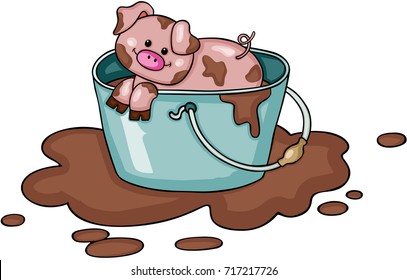 Little pig in bucket full of mud
