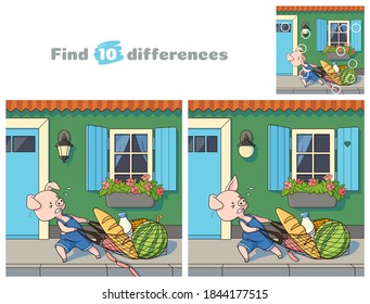 Little pig carries a heavy shopping bag.  Find 10 differences. Educational game for children. Cartoon vector illustration.
