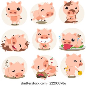 Little Pig cartoon action set, in different situations like waving, running, playing in the mud, smiling, pig eating an apple, sleeping vector illustration. 